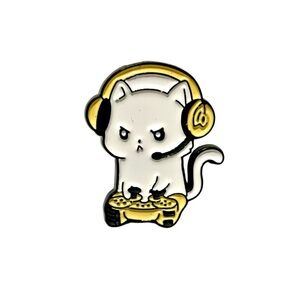 Cute White Cat Gamer Enamel Pin - Funny Brooch with Headphones & Console